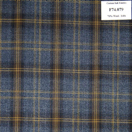 F74.079 Kevinlli V6 - Vải Suit 70% Wool - Xanh Dương Caro